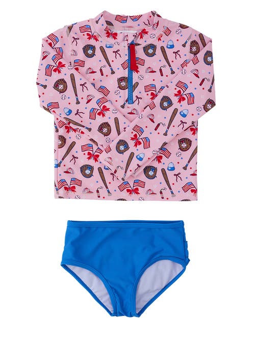 UPF50 Long Sleeve Zipper Rash Guard 2-Piece in Pink Stars & Strikes at Nordstrom, Size