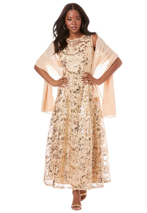 Plus-Size Allover Lace Embellished Shawl Gown in Sparkling Champagne at Nordstrom, Size by Roaman's