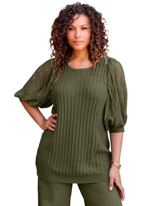 Lace Sleeve Sweater in Dark Olive Green at Nordstrom, Size