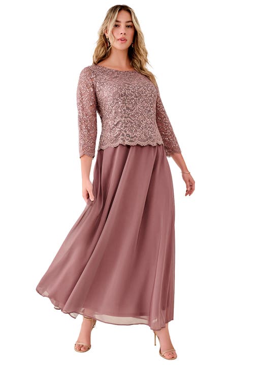 Petite Plus Size Sequin Lace Three Quarter Sleeve A-Line Gown in Deep Taupe at Nordstrom, Size