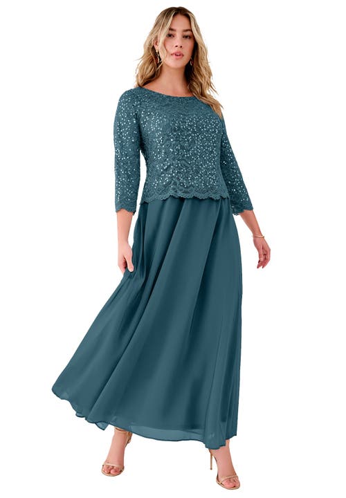 Petite Plus Size Sequin Lace Three Quarter Sleeve A-Line Gown in Mystic Pine at Nordstrom, Size