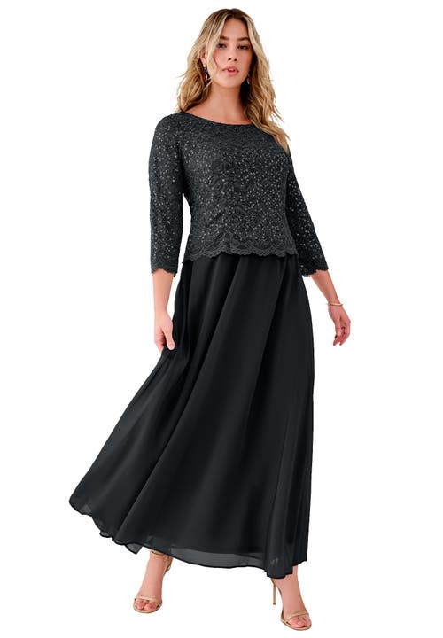 Petite Plus Size Sequin Lace Three Quarter Sleeve A-Line Gown in Black at Nordstrom, Size