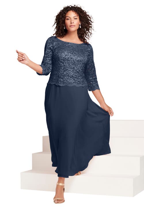 Petite Plus Size Sequin Lace Three Quarter Sleeve A-Line Gown in Navy at Nordstrom, Size