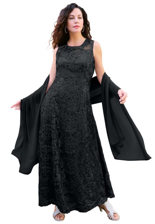 Plus-Size Allover Lace Embellished Shawl Gown in Black at Nordstrom, Size