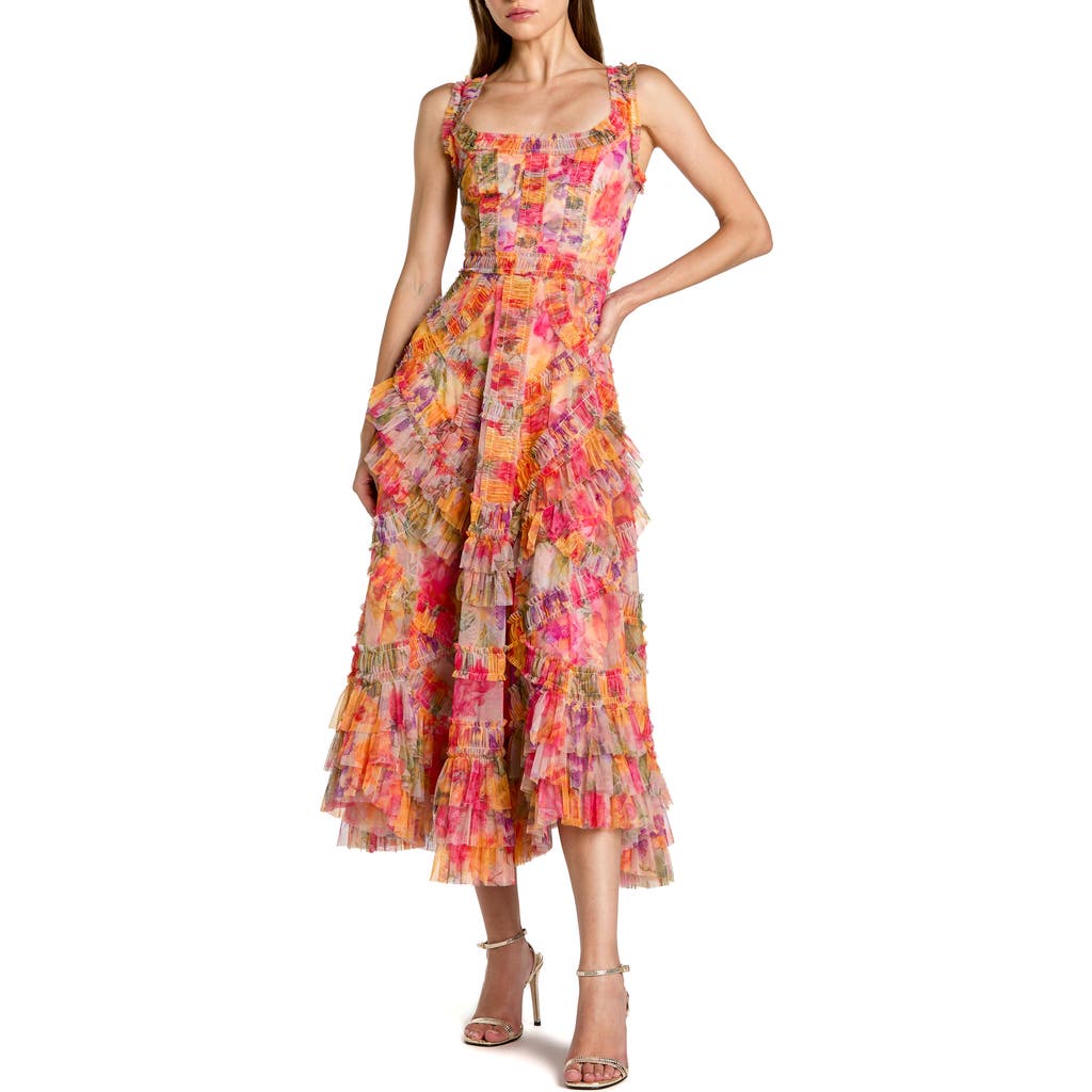 Floral Scoop Neck A-Line Ruffle Midi Dress in Multi at Nordstrom, Size