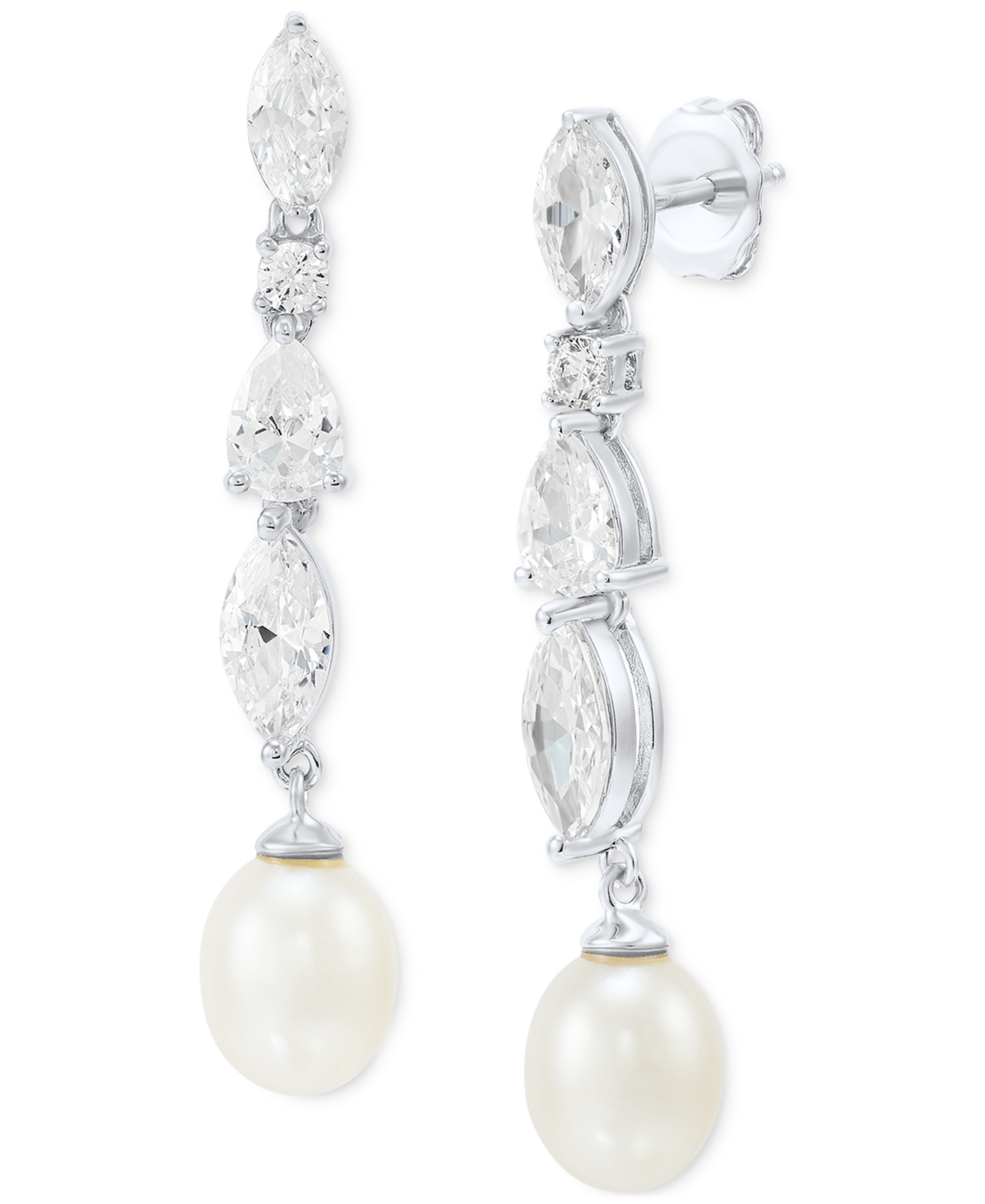 Cultured Freshwater Pearl (9 x 7mm) & Cubic Zirconia Drop Earrings in Sterling Silver