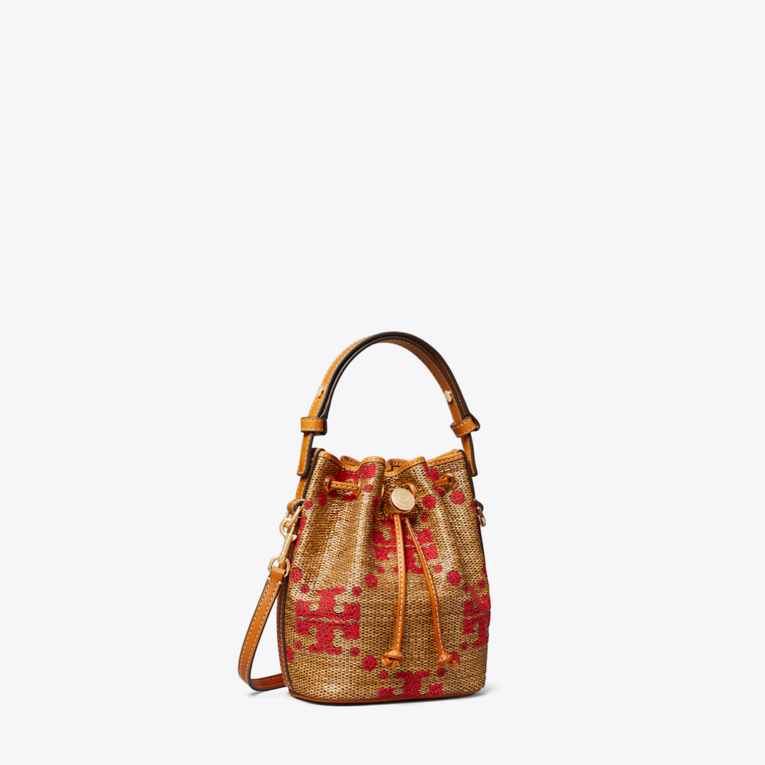 T Monogram Straw Mini Bucket Bag