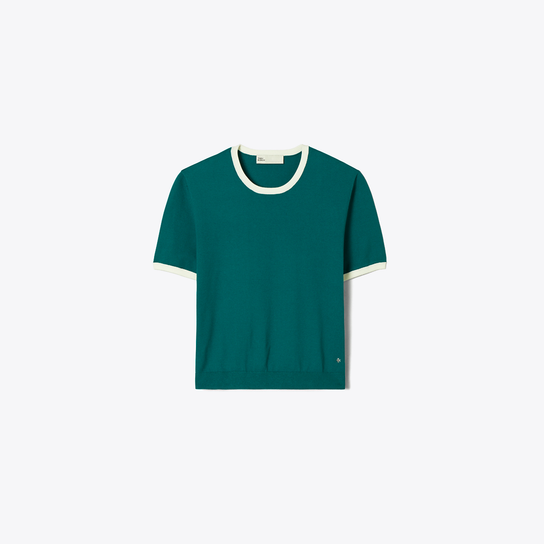 Contrast-Trim Short-Sleeve Sweater