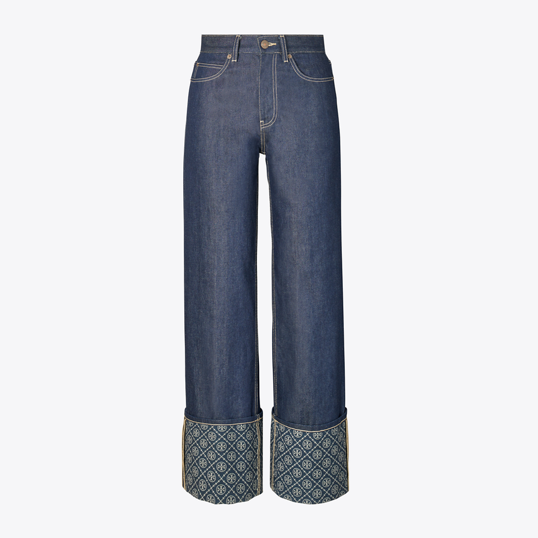 T Monogram Contrast Cuff Straight Leg Jean