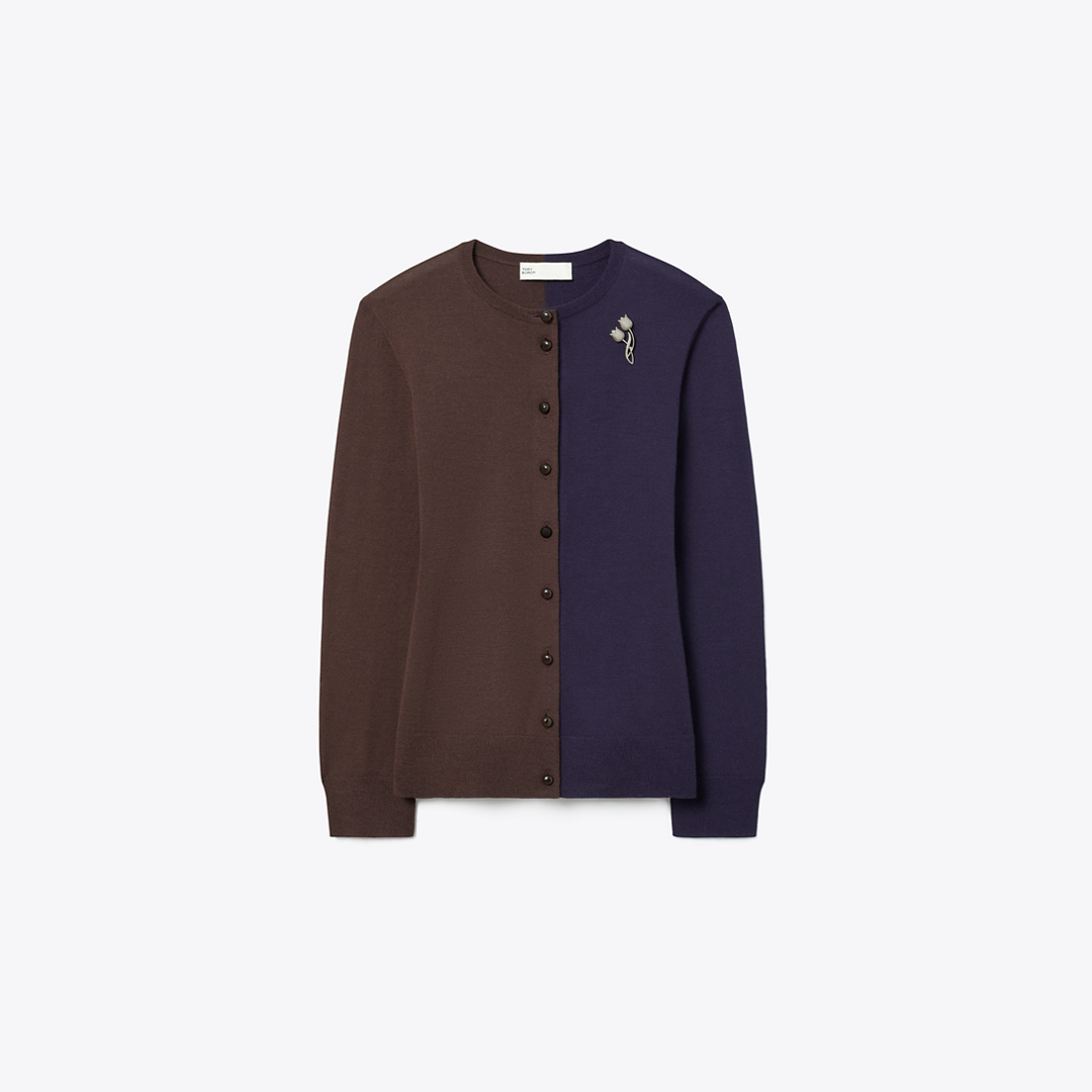 Brooch Color-Block Wool Cardigan