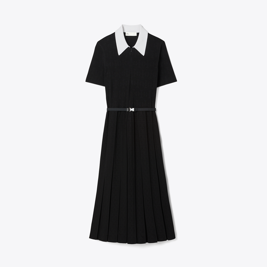 T Monogram Pointelle Pleated Dress