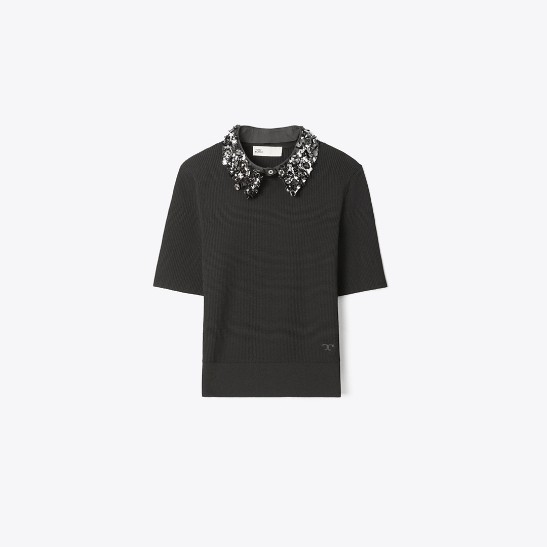 Embellished Collar Short-Sleeve Top