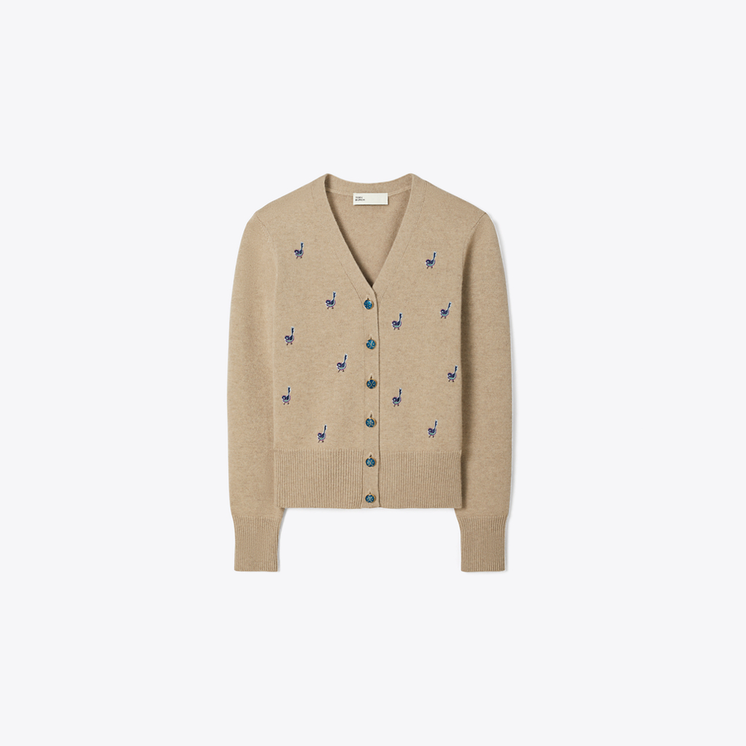 Birdie-Embroidered Cashmere Cardigan