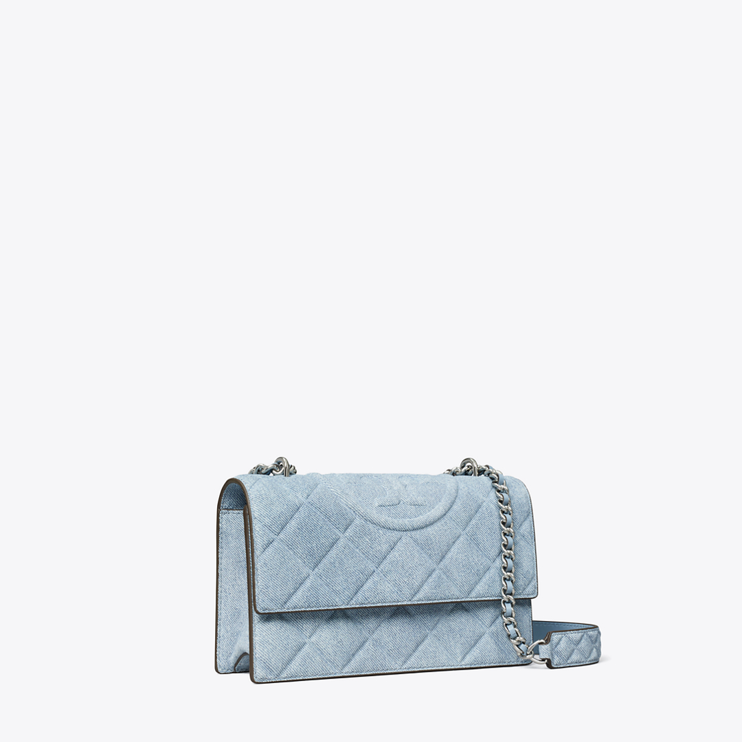 Small Fleming Denim-Print Suede Shoulder Bag