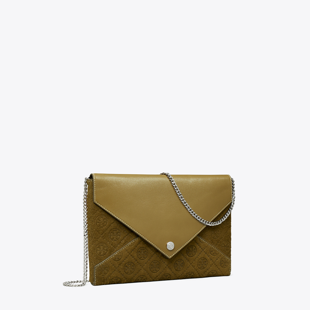 T Monogram Suede Envelope Chain Pouch