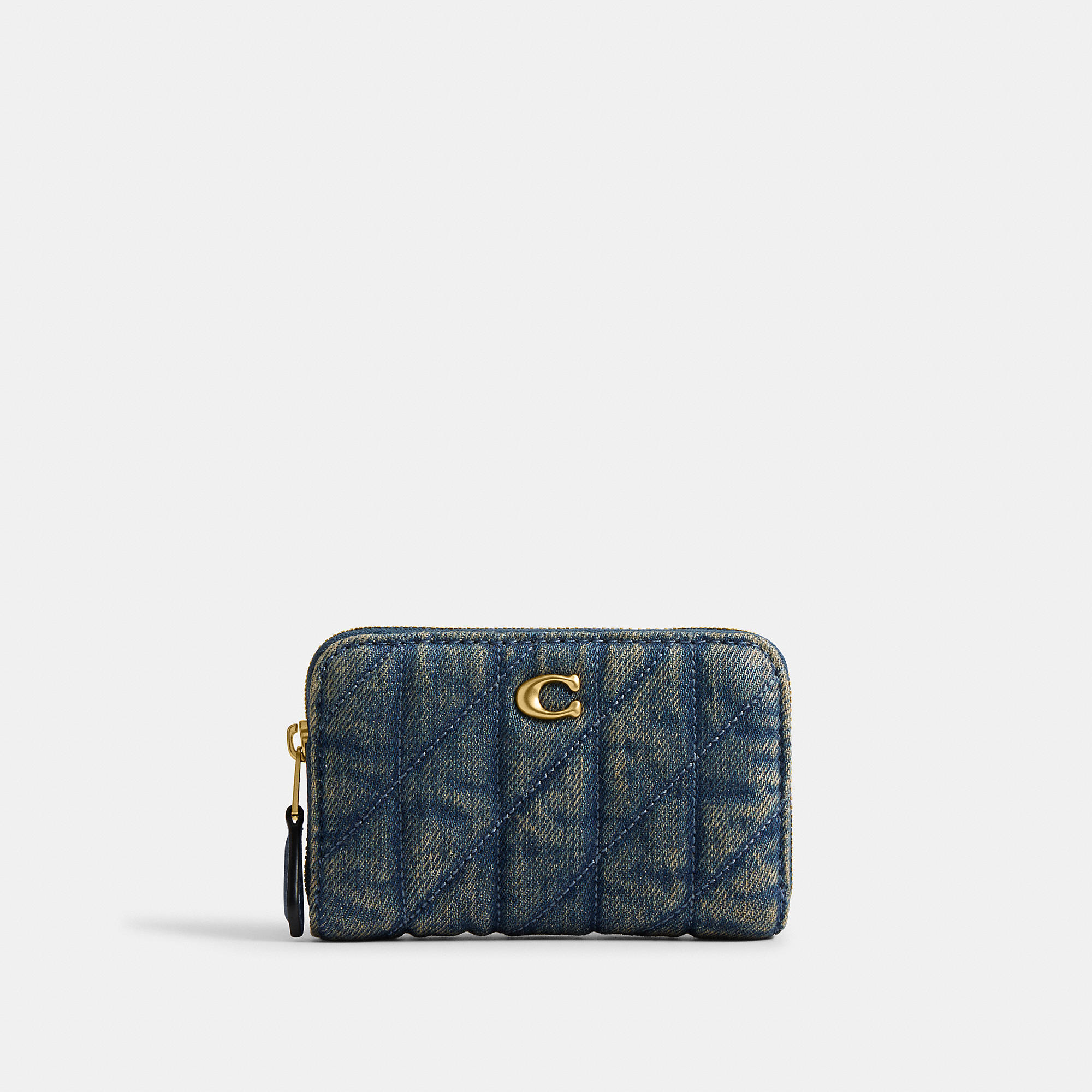 Essential Small Zip Around Card Case In Regenerative Cotton Denim With Quilting