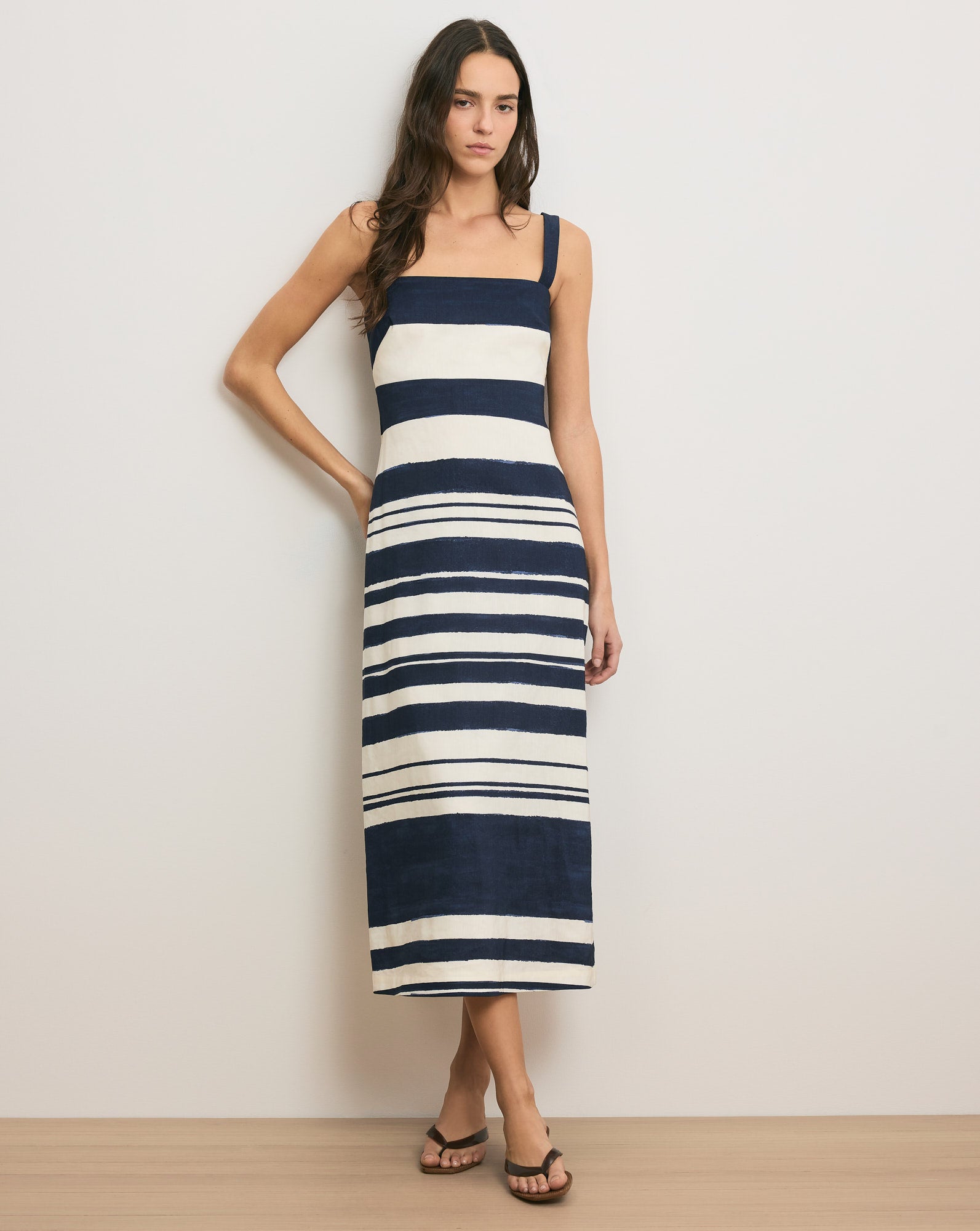 Ella Striped Linen Midi Dress Navy Dove White