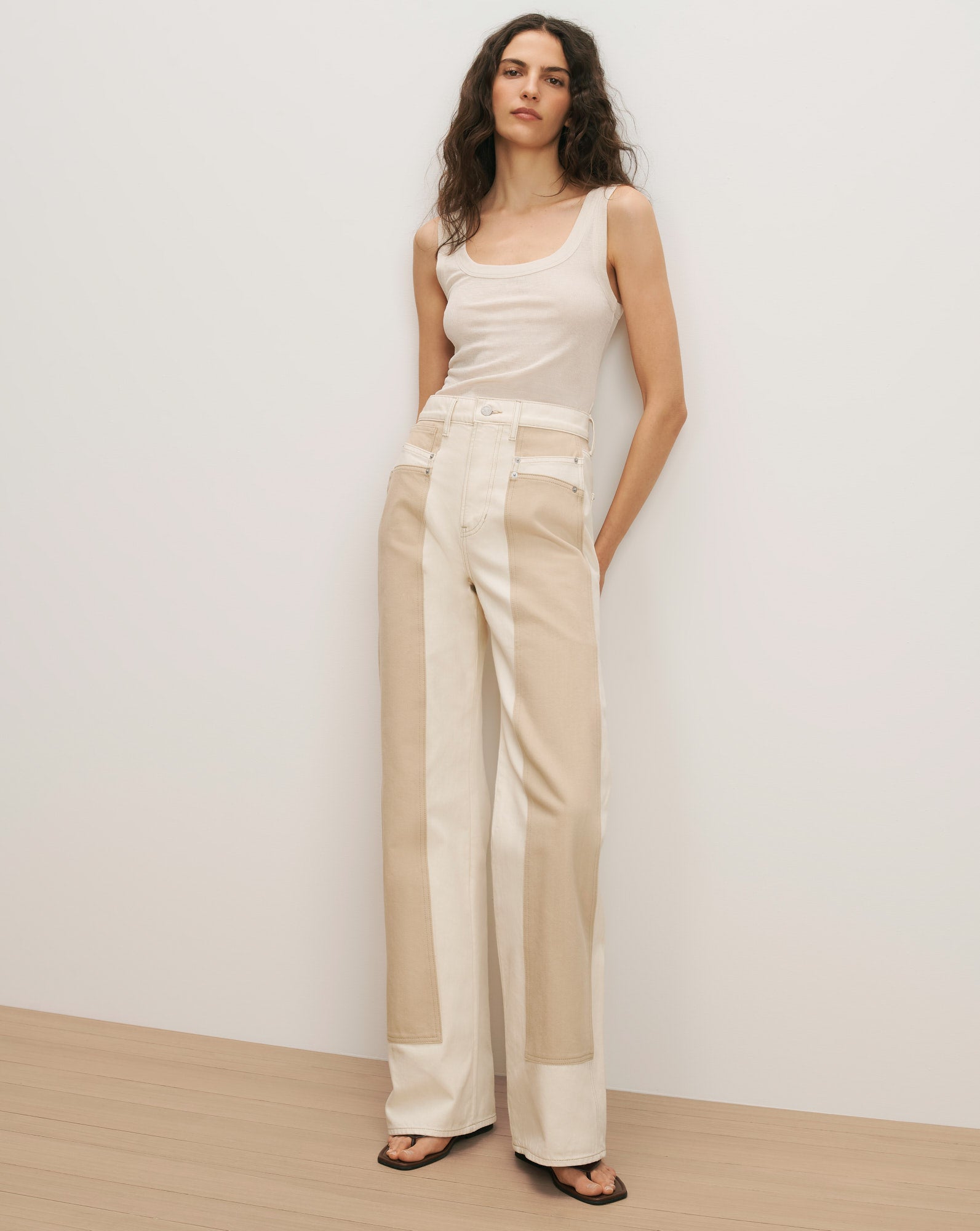 Taylor Color-Block Wide-Leg Jean Ecru Stone Khaki