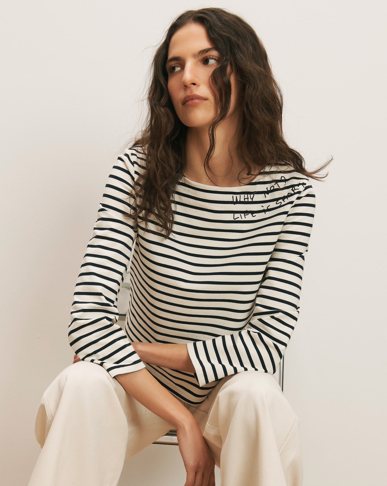 Hovey Embroidered Stripe Top Dove White Navy Stripe