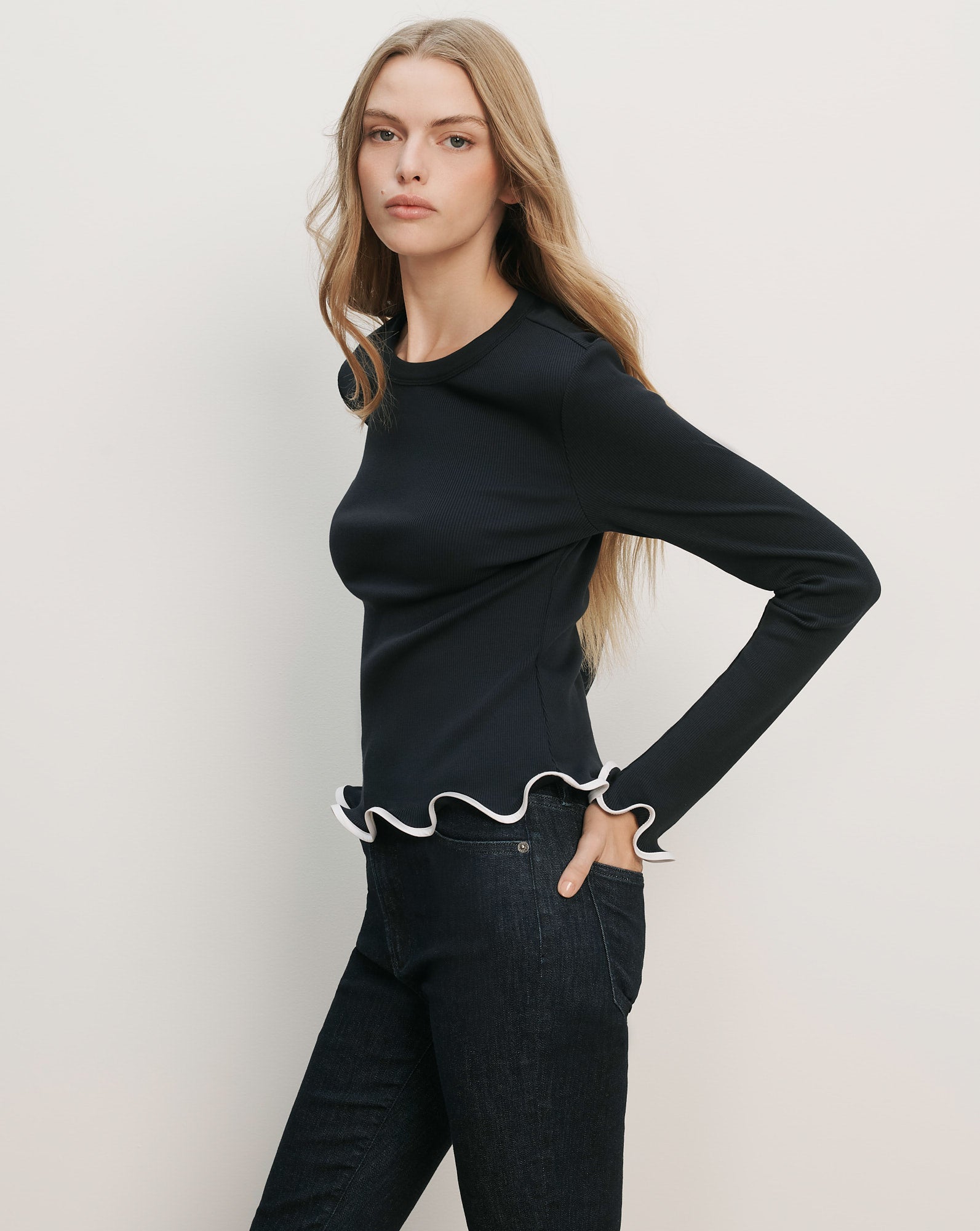 Elianne Ruffle-Trim T-Shirt Navy White