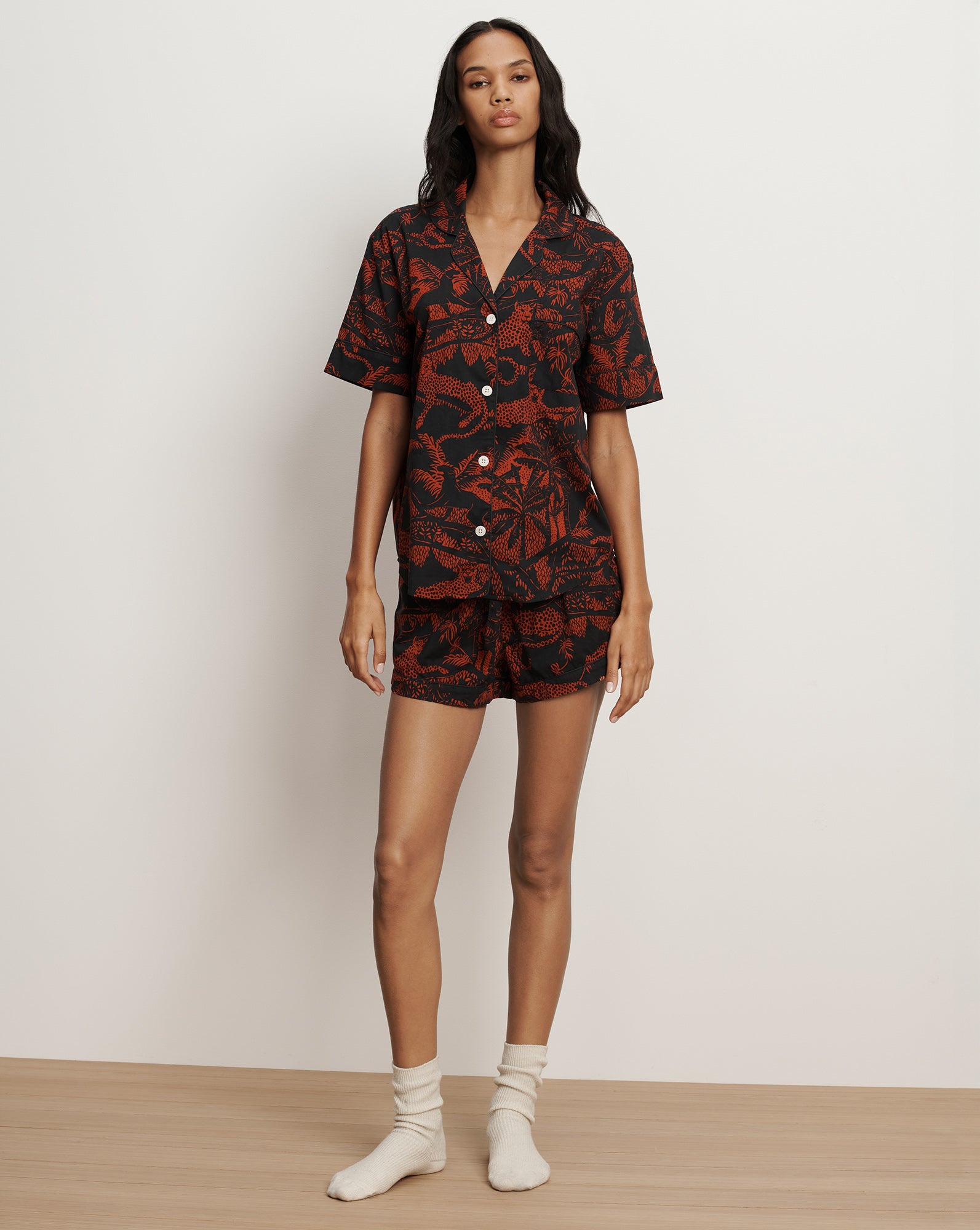 Short-Sleeve Cotton Pajama Set Black Red