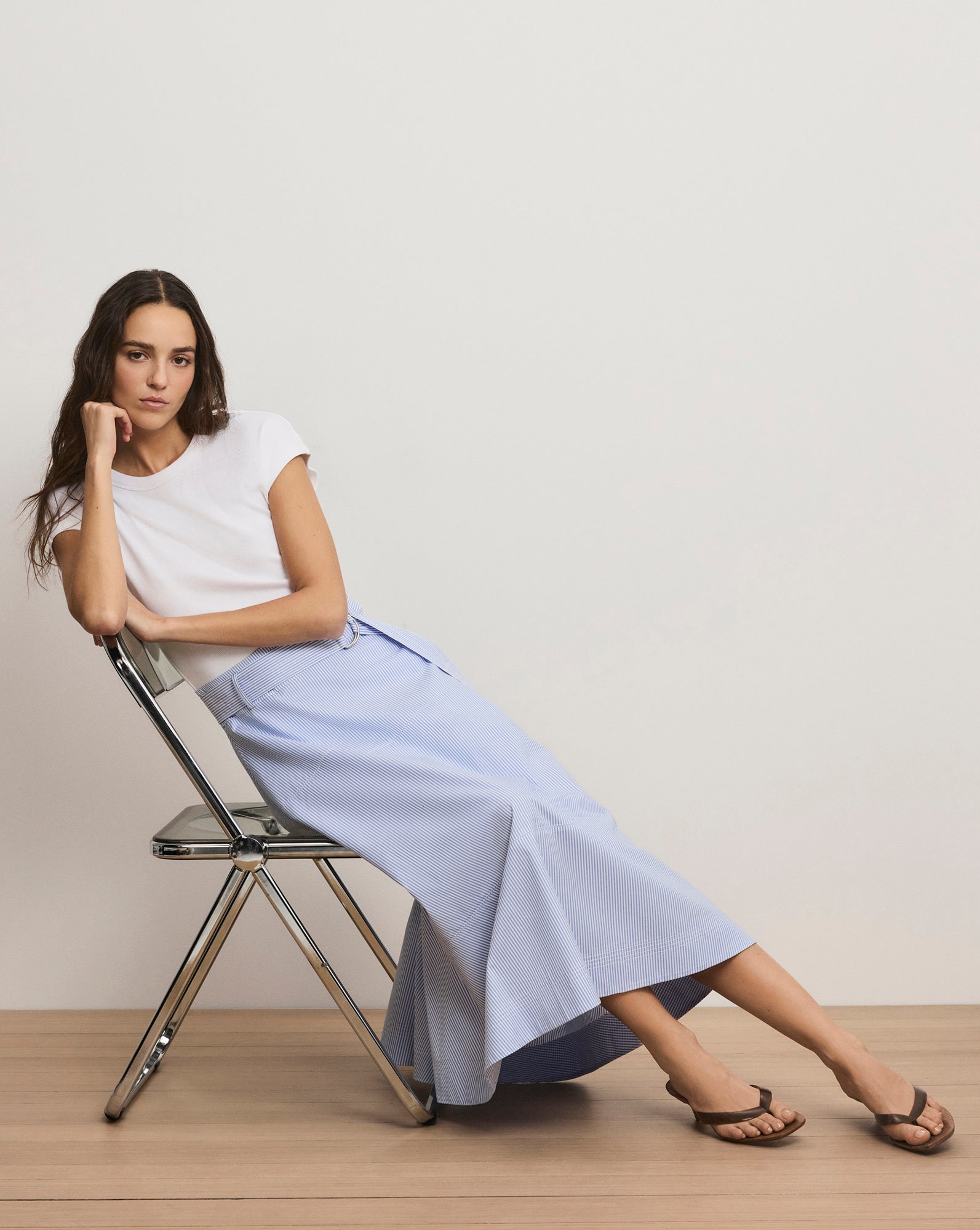 Belmar Mixed-Media Midi Dress Blue White Stripe