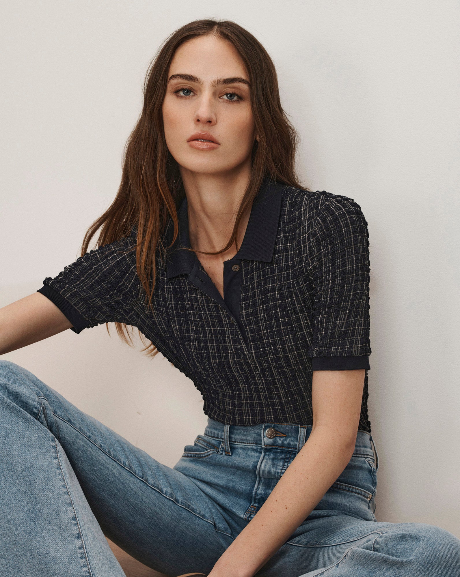 Benedetta Plaid Polo Shirt Navy White Multi