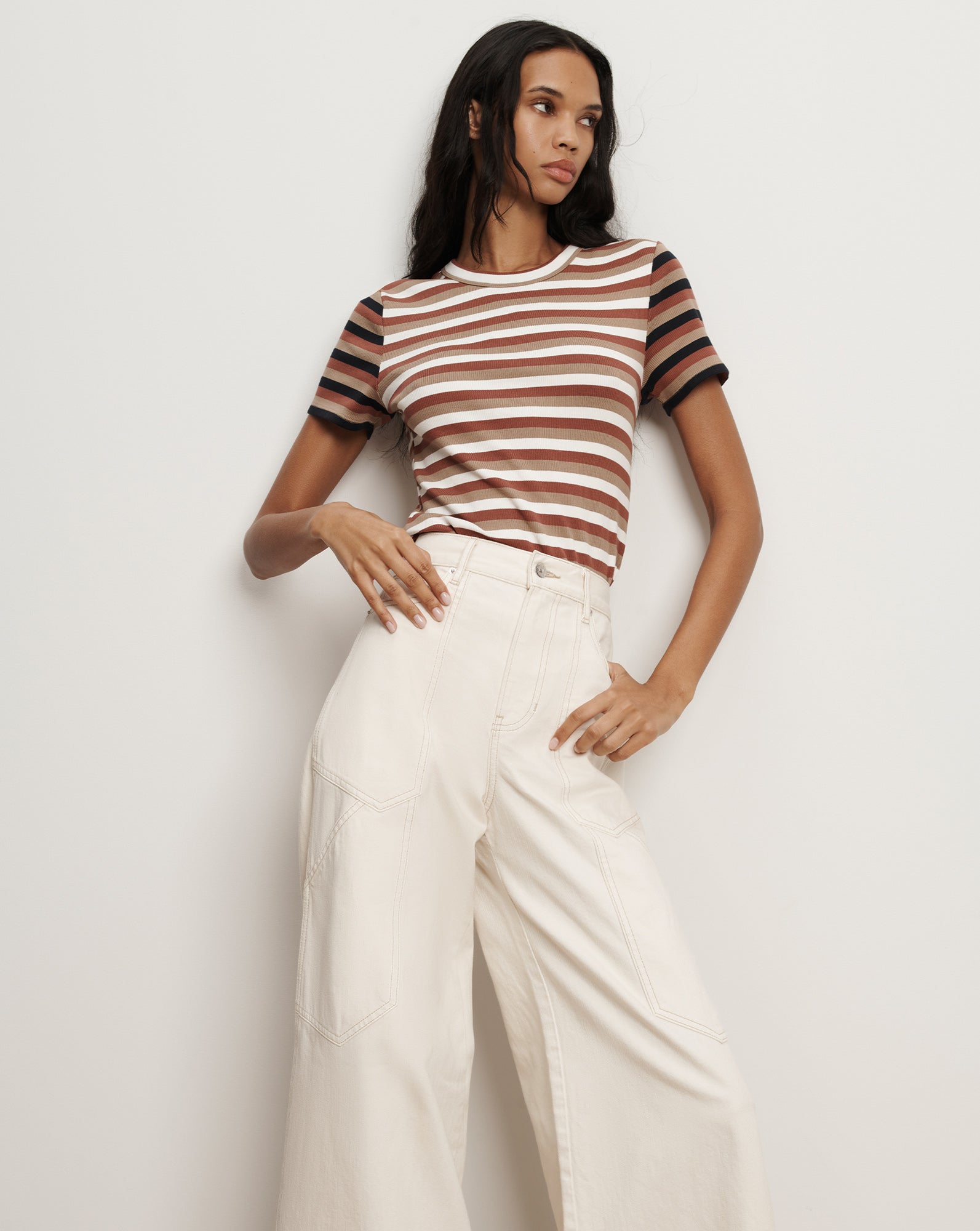 Pruitt Striped Ribbed T-Shirt Malt Red Oak Dove White