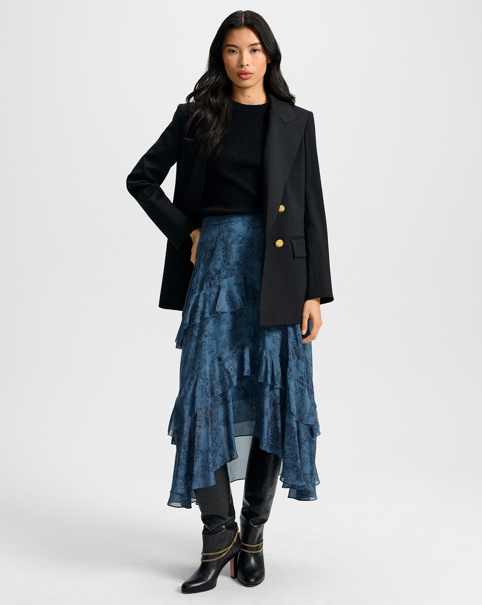 Graeme Silk Midi Skirt Ocean Black by Veronica Beard