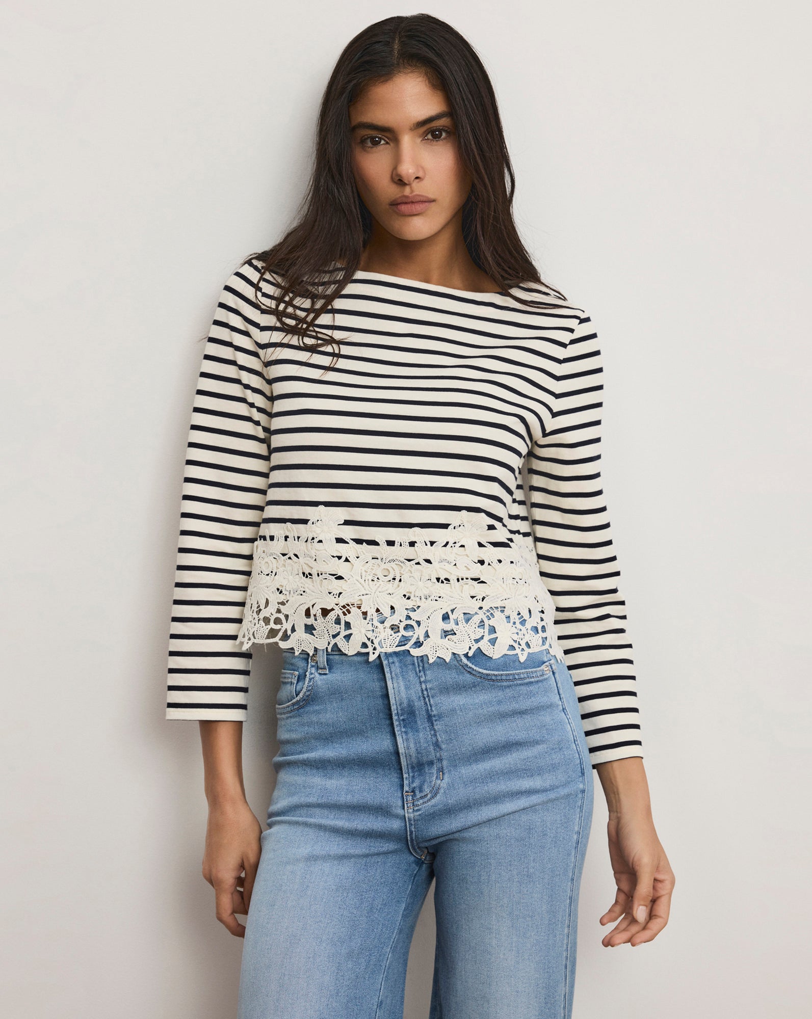 Hovey Striped Lace T-Shirt Dove White Navy Stripe