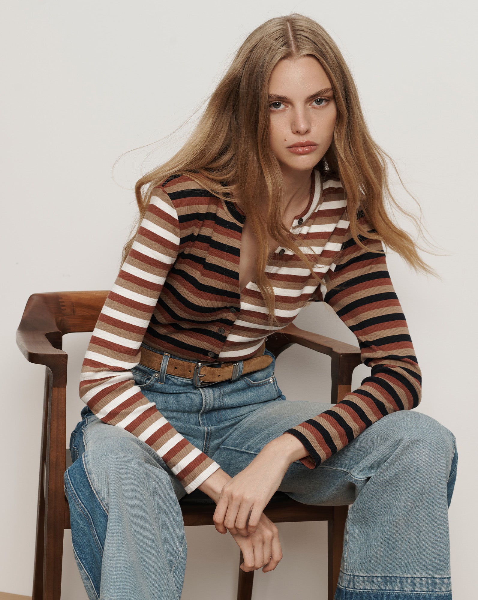 Dilia Striped Button-Down T-Shirt Malt Navy Red Oak