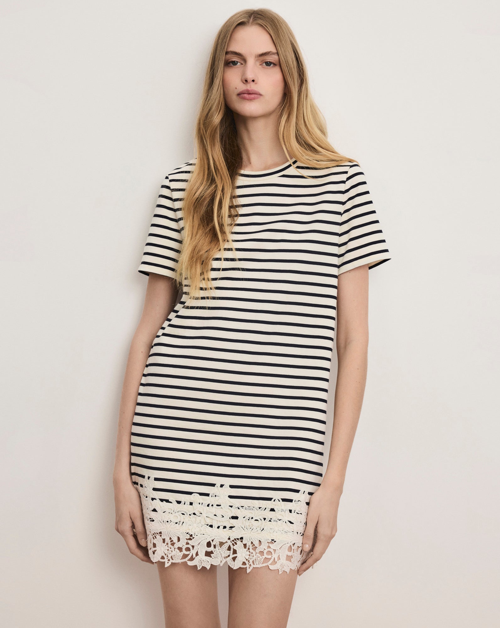 Rhue Striped Lace-Hem Mini Dress Dove White Navy Stripe