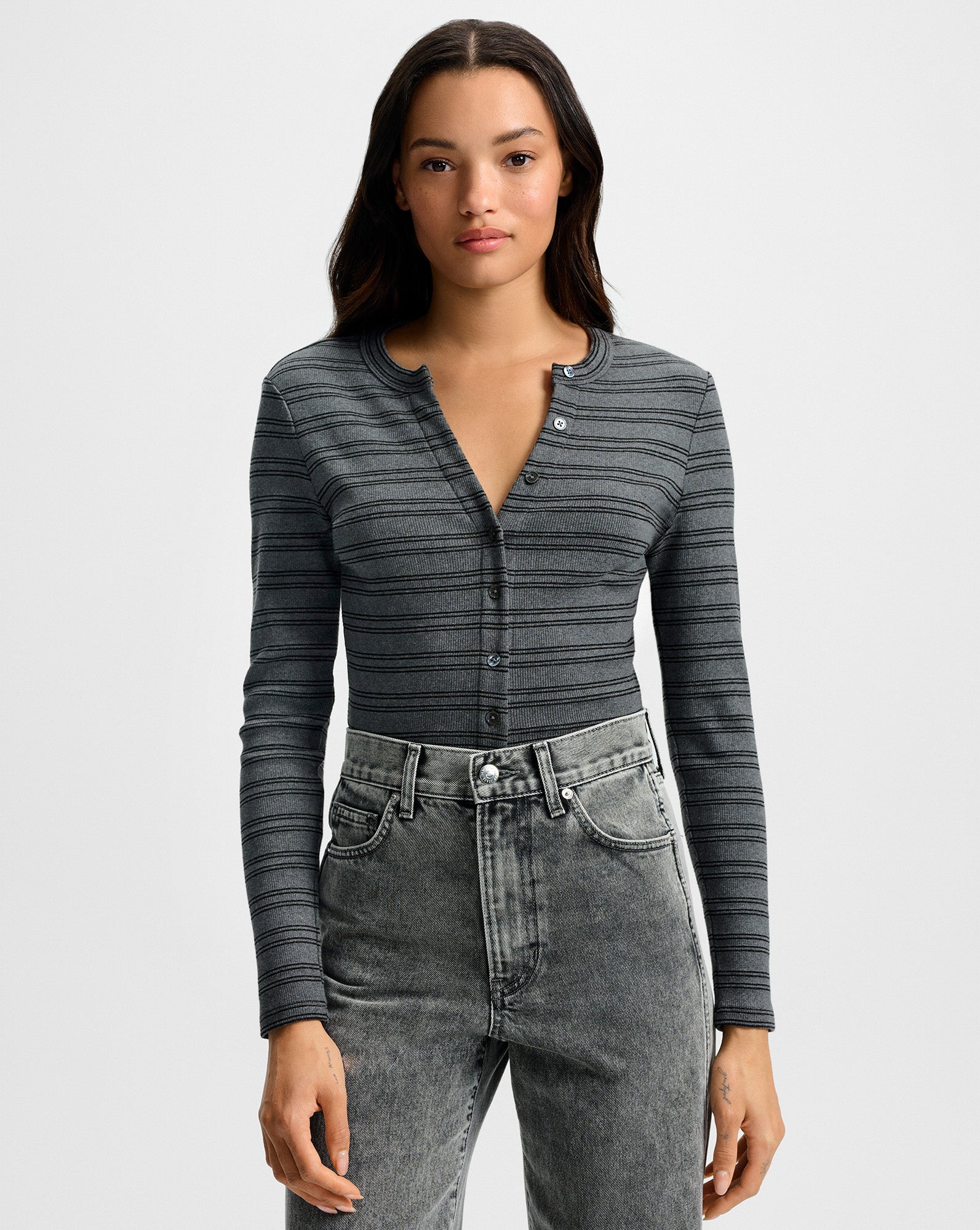 Dilia Striped Button-Down T-Shirt Heather Grey Black