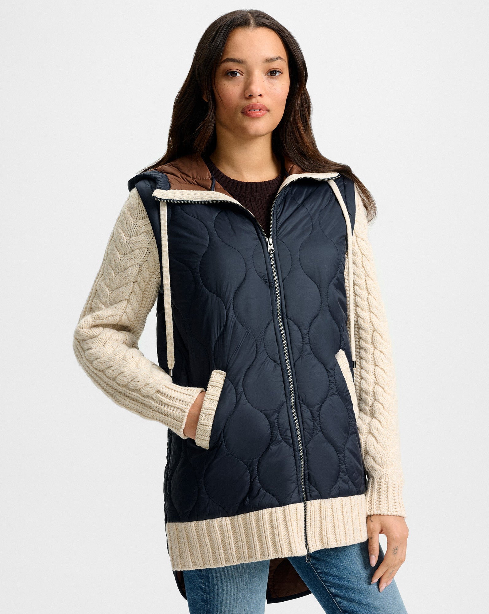 Barrows Knit-Sleeve Quilted Jacket Navy Heathered Sand