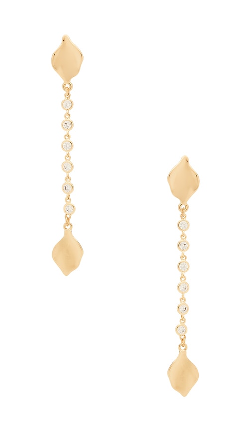 Crystal Bloom & Chain Linear Earrings in Metallic Gold.