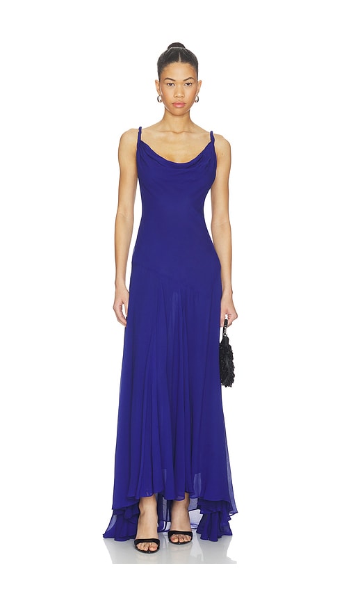 Sarika Twist Strap Hi Low Seamed Slip Dress in Blue.