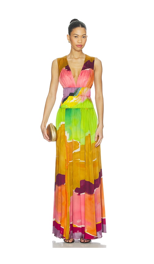 Boheme Silk Gown in Green,Tan.