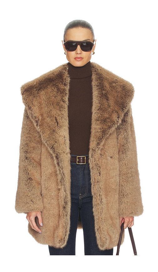 Shawl Collar Faux Fur Coat in Brown.