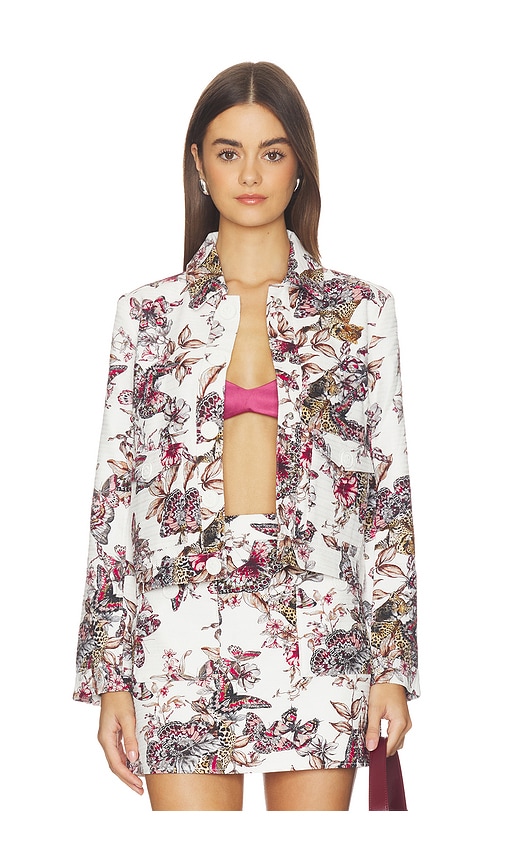 Nyx Crop Jacket in White Multi Large Butterfly Jungle in White,Pink.