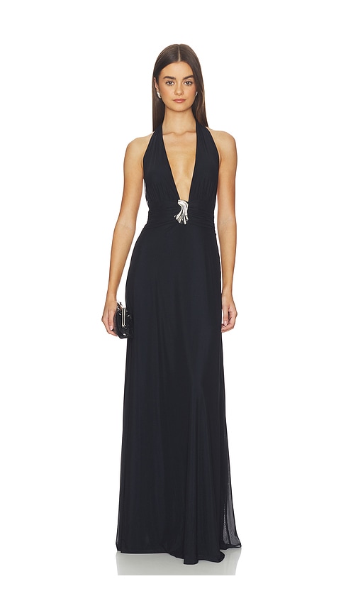 Plunge Neckline Mesh Halter Dress in Navy.