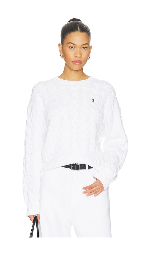 Long Sleeve Crew Pullover Sweater in White.