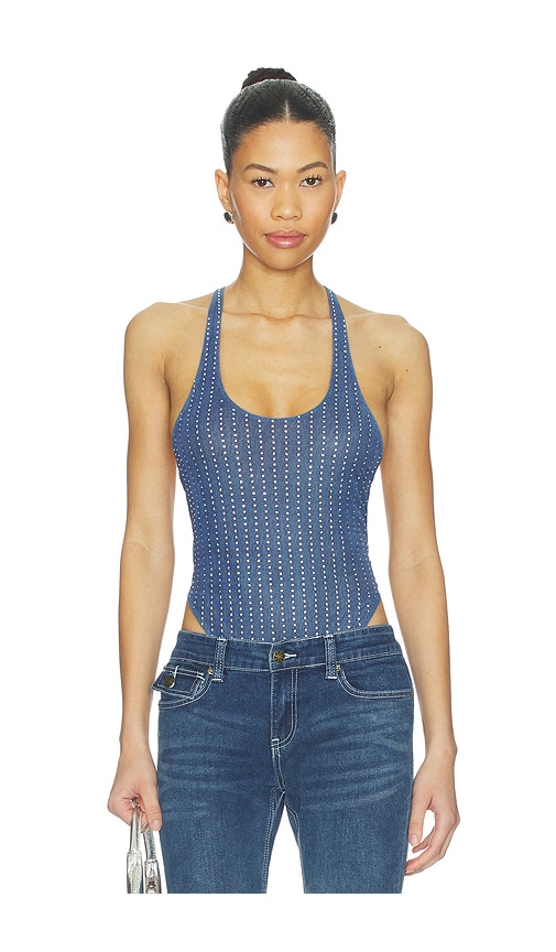 Lara Mesh Bodysuit in Blue. by Ksubi