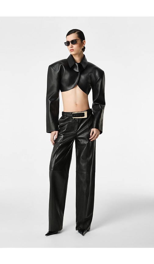 Agnes Cropped Leather Jacket in Black.