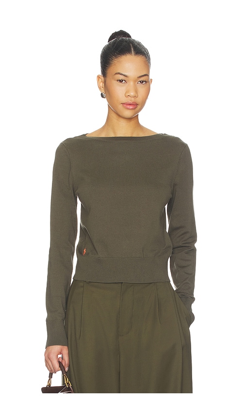 Long Sleeve Boat Neck Top in Olive. by Polo Ralph Lauren