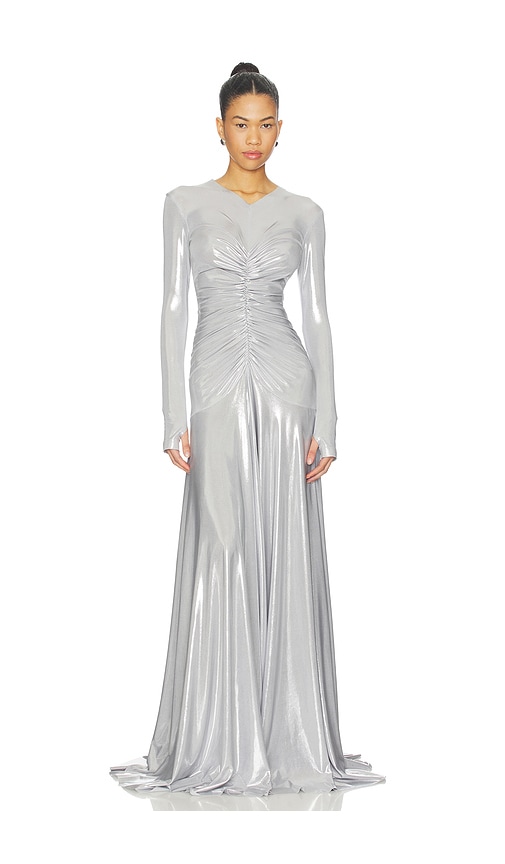 Long Sleeve V Neck Shirred Front Flared Gown in Metallic Silver, grey.