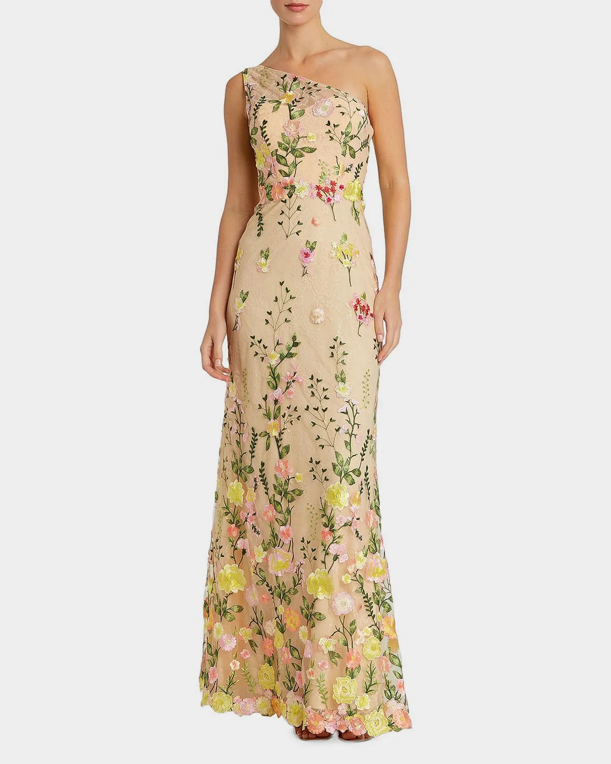 One-Shoulder Floral Embroidered Gown