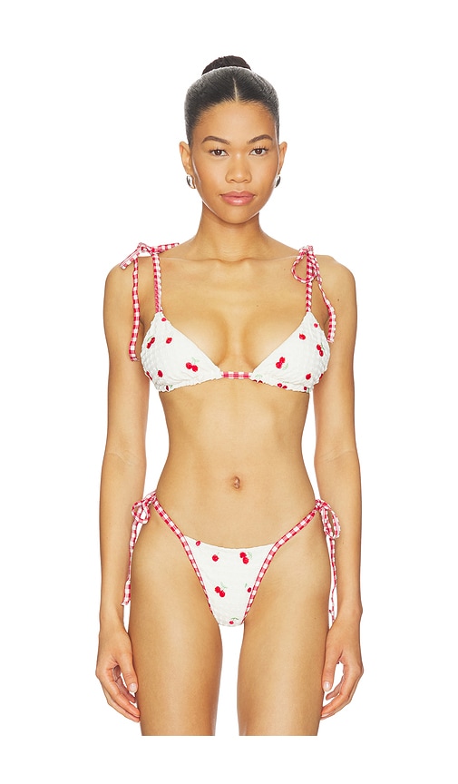 Beaded Cherries Bikini Top in Cream,Red.