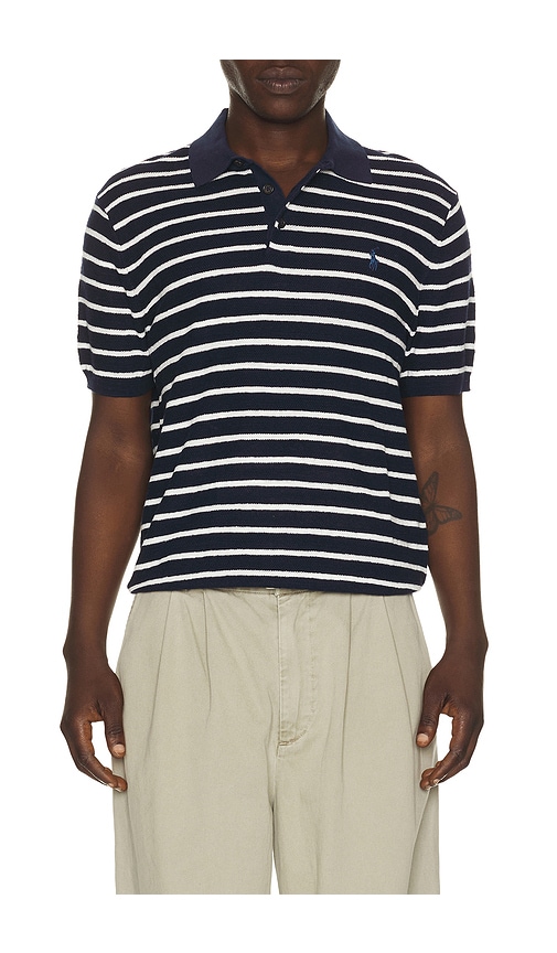 Cotton Blend Textured 3 Button Placket Short Sleeve Polo Sweater in Navy.