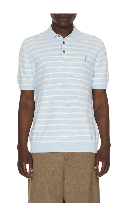 Cotton Blend Textured 3 Button Placket Short Sleeve Sweater in Blue.