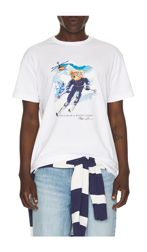 Short Sleeve Graphic Novelty Bear T-Shirt in White.